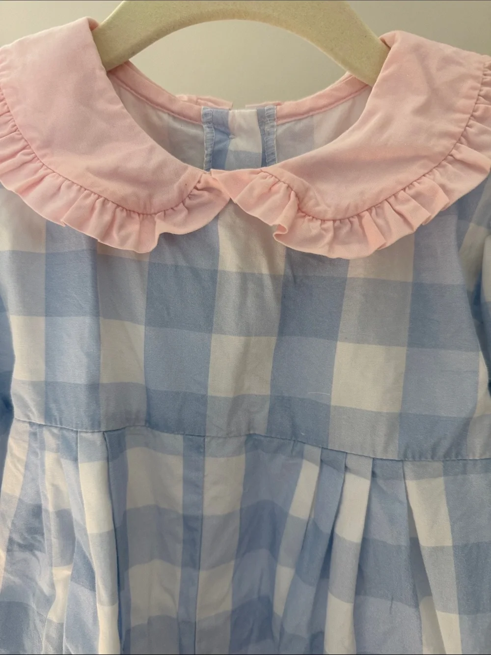 James & Lottie Blue & White Gingham Romper with Pink Ruffle Collar